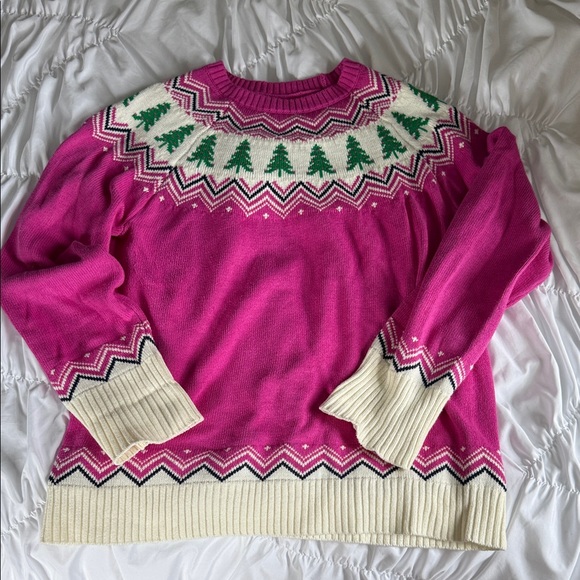 Lands' End Pink and Cream Sweater with Christmas Green Tree Design M 10 12 14 - Picture 1 of 7